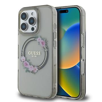 iPhone 16 Pro Guess IML Flowers Wreath hoesje - MagSafe Compatibel - Zwart