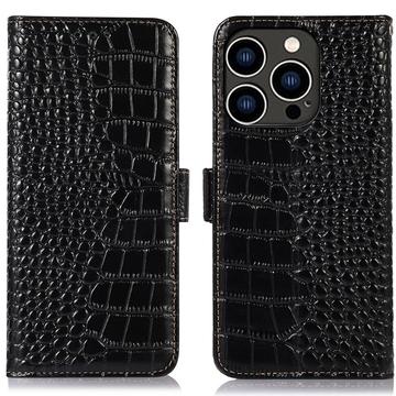 iPhone 16 Pro Max Crocodile Series Wallet Leren Hoesje met RFID - Zwart