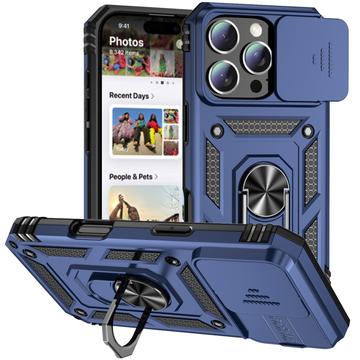 iPhone 16 Pro Hybride Hoesje met Roterende Ring en Cameraschild - Blauw