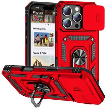 iPhone 16 Pro Hybride Hoesje met Roterende Ring en Cameraschild - Rood