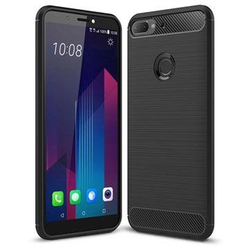 HTC Desire 12+ Geborsteld TPU Hoesje - Koolstofvezel - Zwart