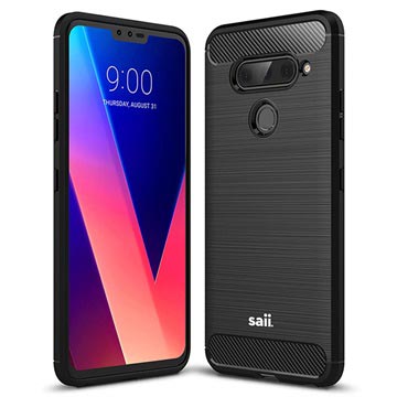 Saii Brushed LG V40 ThinQ TPU Case - Koolstofvezel - Zwart