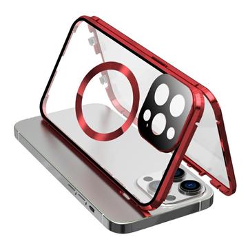 Compatibel met MagSafe Case voor iPhone 15 Pro Magnetisch metalen frame + dubbelzijdige telefoonhoes van gehard glas met gespsluiting - Rood