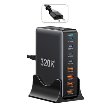 Essager 320W GaN Multi-Port Desktop Charger - 4x USB-A & 4x Type-C Poorten, EU-stekker - Zwart