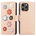 Flower Decor Series iPhone 14 Pro Portemonnee Hoesje - Beige