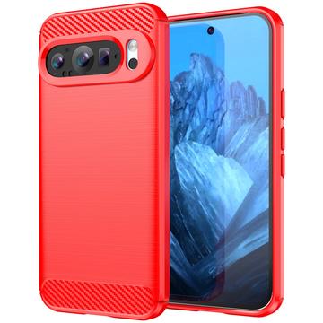 Google Pixel 9/9 Pro Geborsteld TPU Hoesje - Koolstofvezel - Rood