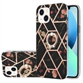 iPhone 15 Marble Pattern IMD TPU Case met Ring Houder - Zwart