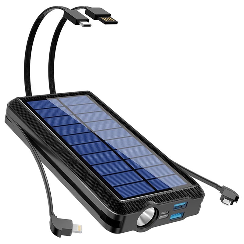 Psooo Draadloze Solar Powerbank met Zaklamp - 10000mAh - Zwart