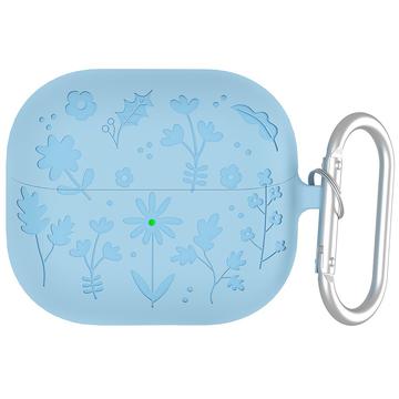 Samsung Galaxy Buds3/Buds3 Pro Vloeibaar Siliconen Hoesje met Bloempatroon en Karabijnhaak - Baby Blauw