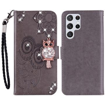 Samsung Galaxy S24 Ultra Uil Strass Portemonnee Hoesje - Grijs