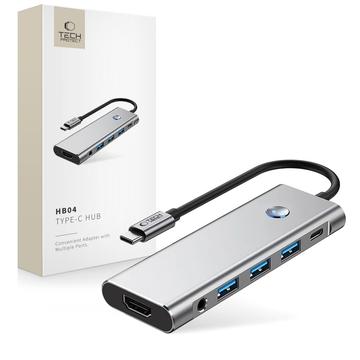 Tech-Protect HB04 9-in-1 USB-C Hub Adapter met USB-A/HDMI/SD/TF Card Reader/USB-C 100W PD/3.5mm - Ruimte Grijs