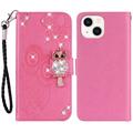 iPhone 15 Uil Strass Portemonnee Hoesje - Hot Pink