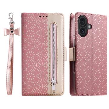 iPhone 16 Plus Lace Pattern Portemonnee Hoesje - Rose Gold