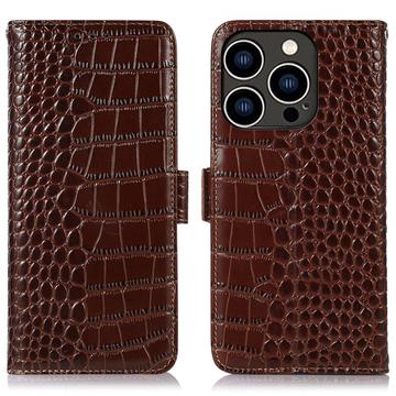 iPhone 16 Pro Crocodile Series Wallet Leren Hoesje met RFID - Bruin