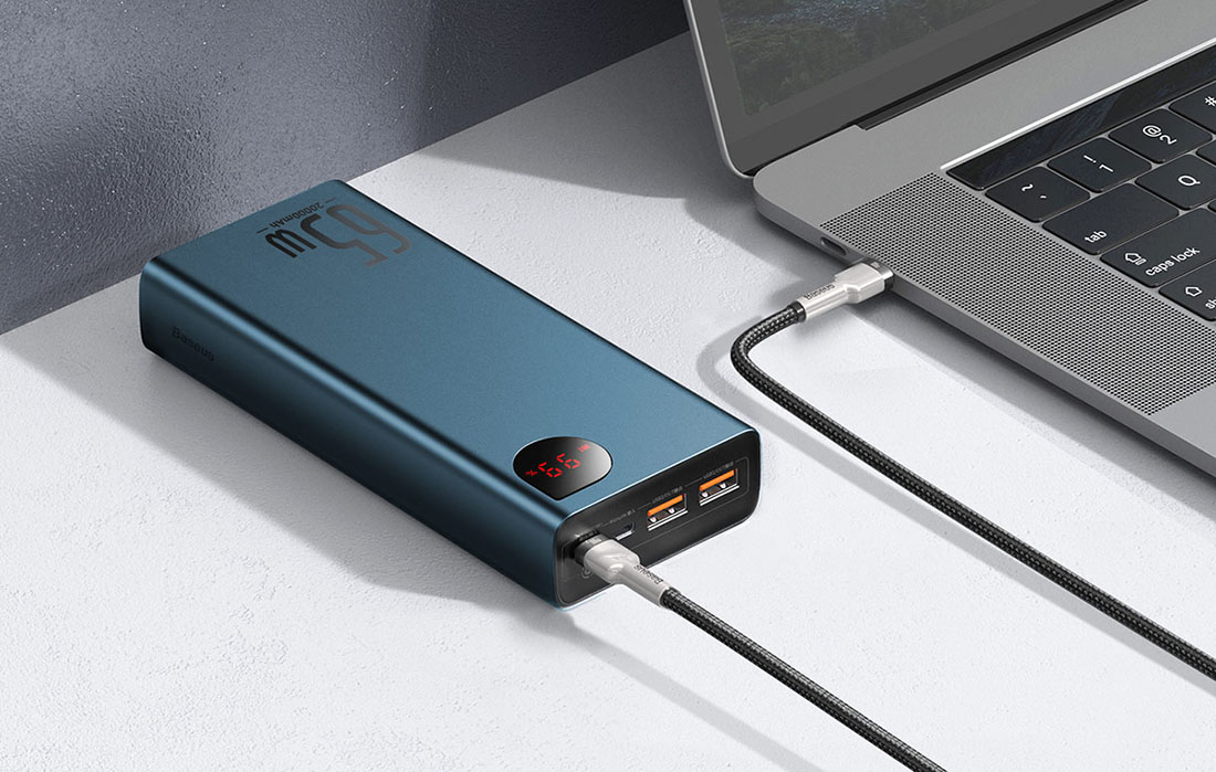 Baseus Adaman Metal Digital Display Quick Charge Power Bank 20000mAh/65W - 2xUSB-A, USB-C - Blauw